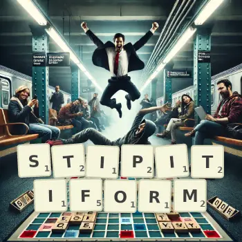 Creative illustration for a Scrabble game with the word STIPITIFORM spelled out in tiles on the board.