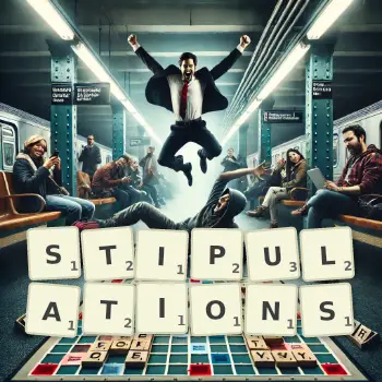 Creative illustration for a Scrabble game with the word STIPULATIONS spelled out in tiles on the board.