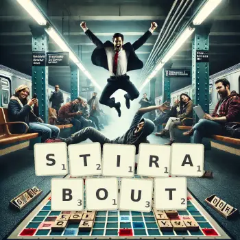 Creative illustration for a Scrabble game with the word STIRABOUT spelled out in tiles on the board.