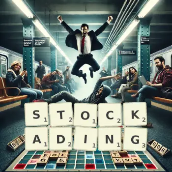 Creative illustration for a Scrabble game with the word STOCKADING spelled out in tiles on the board.