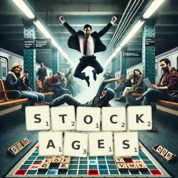 Creative illustration for a Scrabble game with the word STOCKAGES spelled out in tiles on the board.