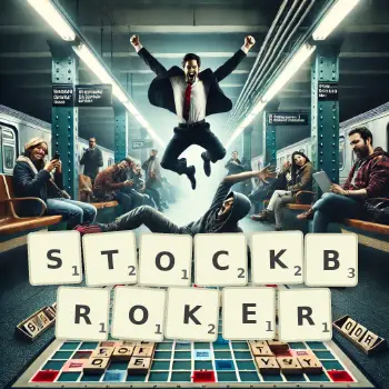 Creative illustration for a Scrabble game with the word STOCKBROKER spelled out in tiles on the board.