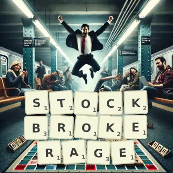 Creative illustration for a Scrabble game with the word STOCKBROKERAGE spelled out in tiles on the board.