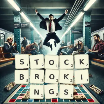 Creative illustration for a Scrabble game with the word STOCKBROKINGS spelled out in tiles on the board.