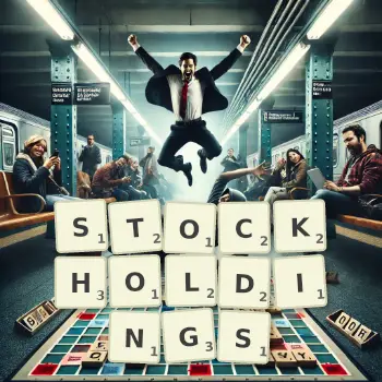 Creative illustration for a Scrabble game with the word STOCKHOLDINGS spelled out in tiles on the board.