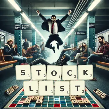 Creative illustration for a Scrabble game with the word STOCKLIST spelled out in tiles on the board.