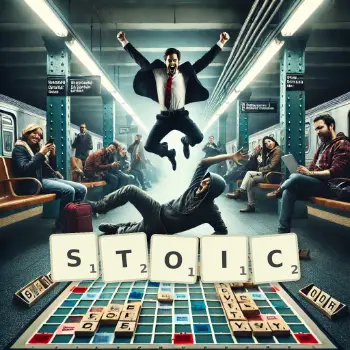 Creative illustration for a Scrabble game with the word STOIC spelled out in tiles on the board.