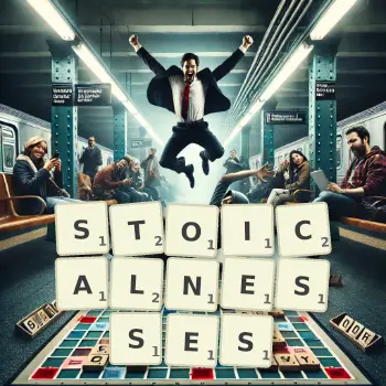 Creative illustration for a Scrabble game with the word STOICALNESSES spelled out in tiles on the board.