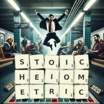 Creative illustration for a Scrabble game with the word STOICHEIOMETRIC spelled out in tiles on the board.