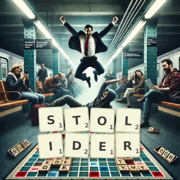 Creative illustration for a Scrabble game with the word STOLIDER spelled out in tiles on the board.