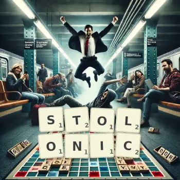 Creative illustration for a Scrabble game with the word STOLONIC spelled out in tiles on the board.