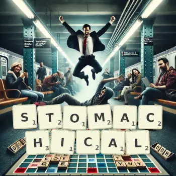 Creative illustration for a Scrabble game with the word STOMACHICAL spelled out in tiles on the board.