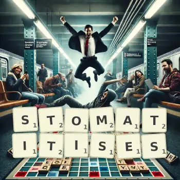 Creative illustration for a Scrabble game with the word STOMATITISES spelled out in tiles on the board.