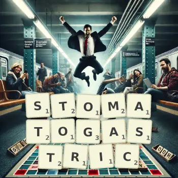 Creative illustration for a Scrabble game with the word STOMATOGASTRIC spelled out in tiles on the board.