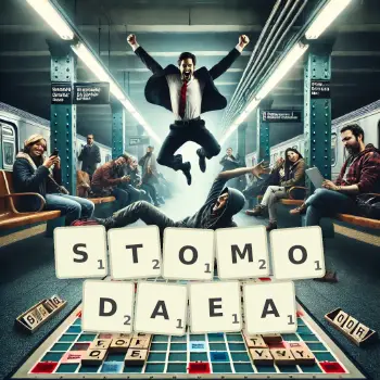 Creative illustration for a Scrabble game with the word STOMODAEA spelled out in tiles on the board.