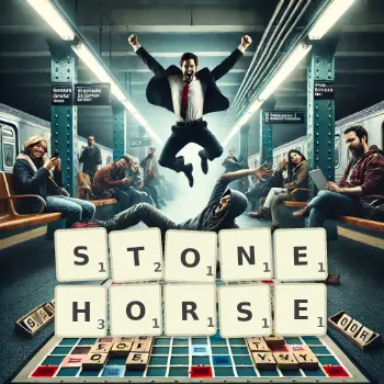 Creative illustration for a Scrabble game with the word STONEHORSE spelled out in tiles on the board.