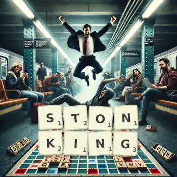 Creative illustration for a Scrabble game with the word STONKING spelled out in tiles on the board.