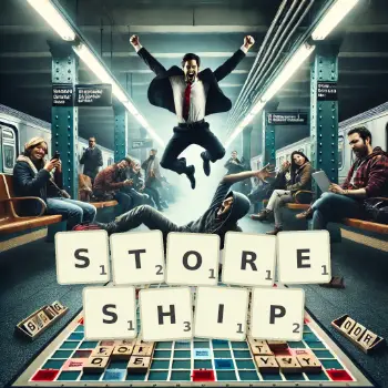 Creative illustration for a Scrabble game with the word STORESHIP spelled out in tiles on the board.