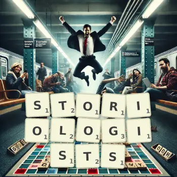 Creative illustration for a Scrabble game with the word STORIOLOGISTS spelled out in tiles on the board.