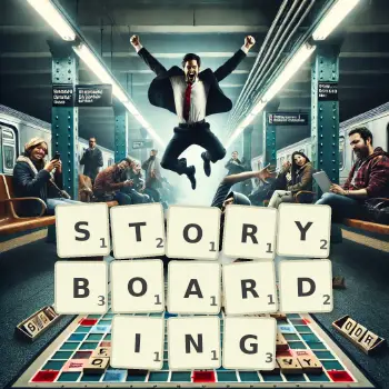 Creative illustration for a Scrabble game with the word STORYBOARDING spelled out in tiles on the board.