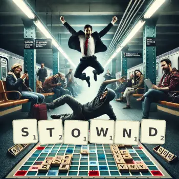 Creative illustration for a Scrabble game with the word STOWND spelled out in tiles on the board.
