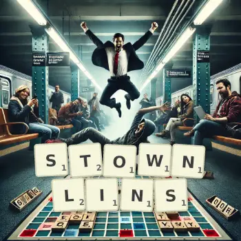 Creative illustration for a Scrabble game with the word STOWNLINS spelled out in tiles on the board.