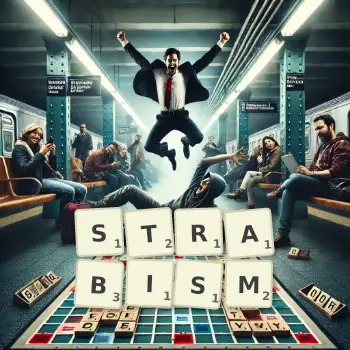 Creative illustration for a Scrabble game with the word STRABISM spelled out in tiles on the board.