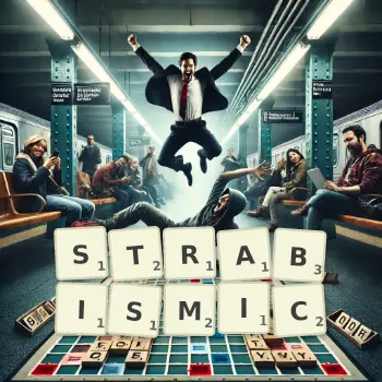 Creative illustration for a Scrabble game with the word STRABISMIC spelled out in tiles on the board.