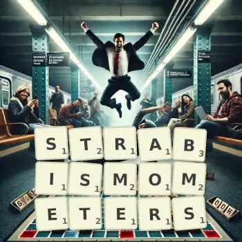 Creative illustration for a Scrabble game with the word STRABISMOMETERS spelled out in tiles on the board.