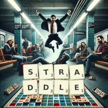 Creative illustration for a Scrabble game with the word STRADDLE spelled out in tiles on the board.