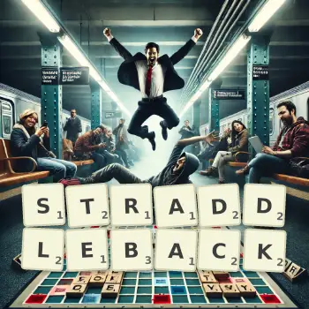Creative illustration for a Scrabble game with the word STRADDLEBACK spelled out in tiles on the board.