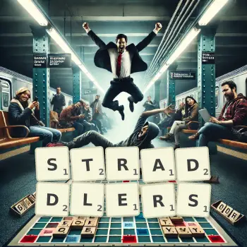Creative illustration for a Scrabble game with the word STRADDLERS spelled out in tiles on the board.