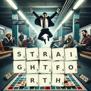 Creative illustration for a Scrabble game with the word STRAIGHTFORTH spelled out in tiles on the board.