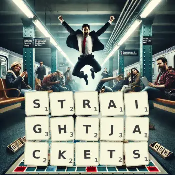 Creative illustration for a Scrabble game with the word STRAIGHTJACKETS spelled out in tiles on the board.