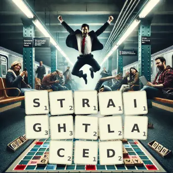 Creative illustration for a Scrabble game with the word STRAIGHTLACED spelled out in tiles on the board.