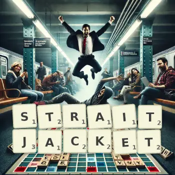 Creative illustration for a Scrabble game with the word STRAITJACKET spelled out in tiles on the board.