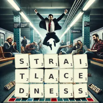 Creative illustration for a Scrabble game with the word STRAITLACEDNESS spelled out in tiles on the board.