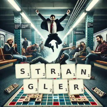 Creative illustration for a Scrabble game with the word STRANGLER spelled out in tiles on the board.