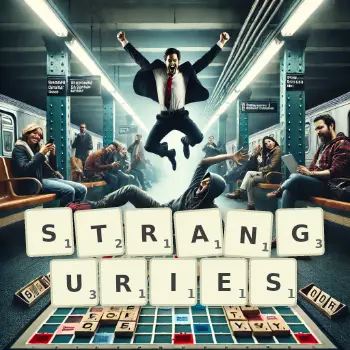 Creative illustration for a Scrabble game with the word STRANGURIES spelled out in tiles on the board.