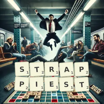 Creative illustration for a Scrabble game with the word STRAPPIEST spelled out in tiles on the board.