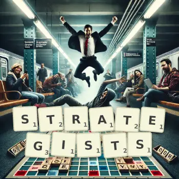 Creative illustration for a Scrabble game with the word STRATEGISTS spelled out in tiles on the board.