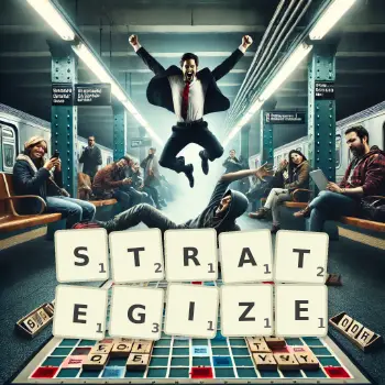 Creative illustration for a Scrabble game with the word STRATEGIZE spelled out in tiles on the board.