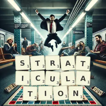 Creative illustration for a Scrabble game with the word STRATICULATION spelled out in tiles on the board.
