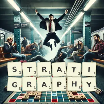 Creative illustration for a Scrabble game with the word STRATIGRAPHY spelled out in tiles on the board.
