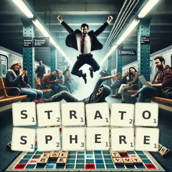 Creative illustration for a Scrabble game with the word STRATOSPHERE spelled out in tiles on the board.