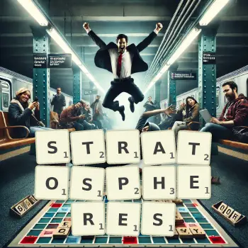 Creative illustration for a Scrabble game with the word STRATOSPHERES spelled out in tiles on the board.