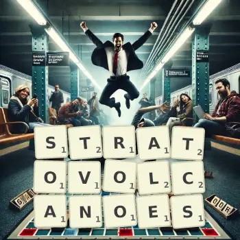 Creative illustration for a Scrabble game with the word STRATOVOLCANOES spelled out in tiles on the board.