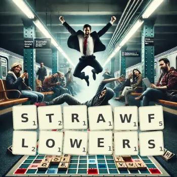 Creative illustration for a Scrabble game with the word STRAWFLOWERS spelled out in tiles on the board.