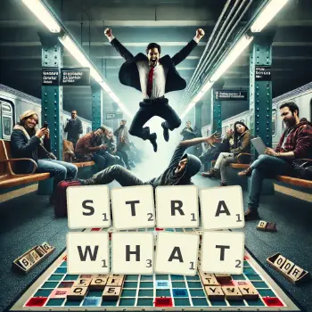 Creative illustration for a Scrabble game with the word STRAWHAT spelled out in tiles on the board.