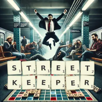 Creative illustration for a Scrabble game with the word STREETKEEPER spelled out in tiles on the board.